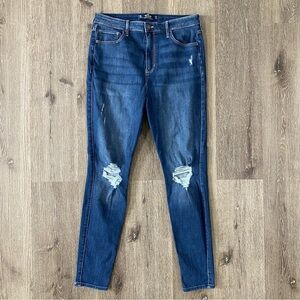 HOLLISTER women’s high rise skinny jeans size 15L 32x31 dark wash distressed